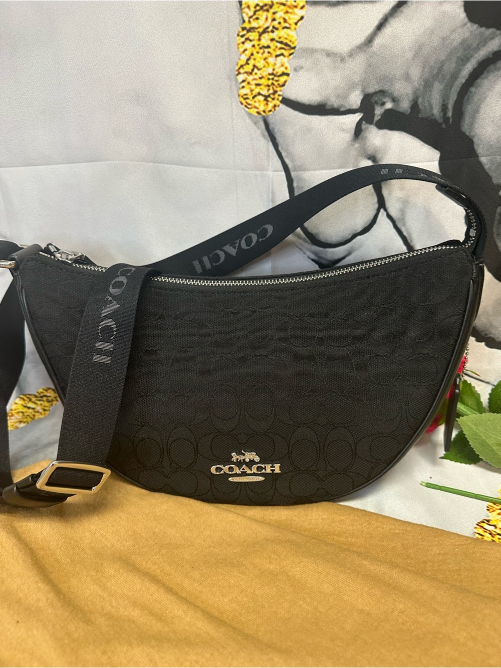 Coach Black Crescent Shoulder Bag with Signature Monogram